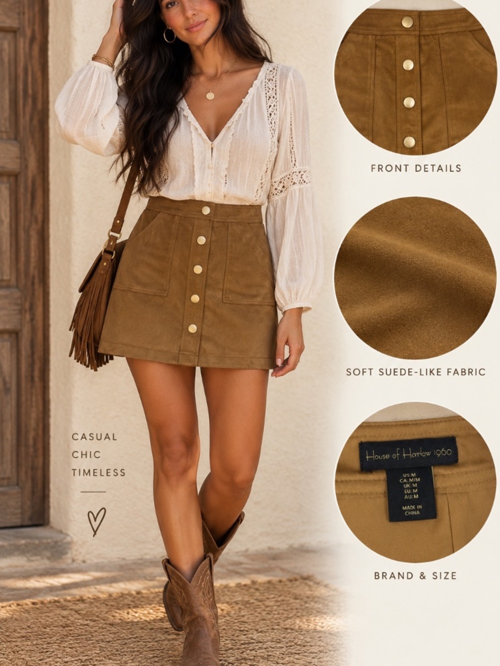 Camel Faux Suede Button Front A-Line Mini Skirt Size M House of Harlow 1960